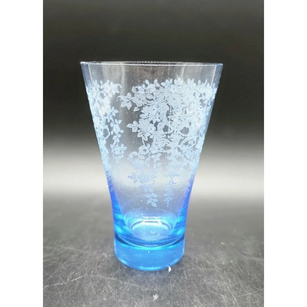 Vintage Fostoria Chintz Etched Blue Tumbler Elegant Glass 6